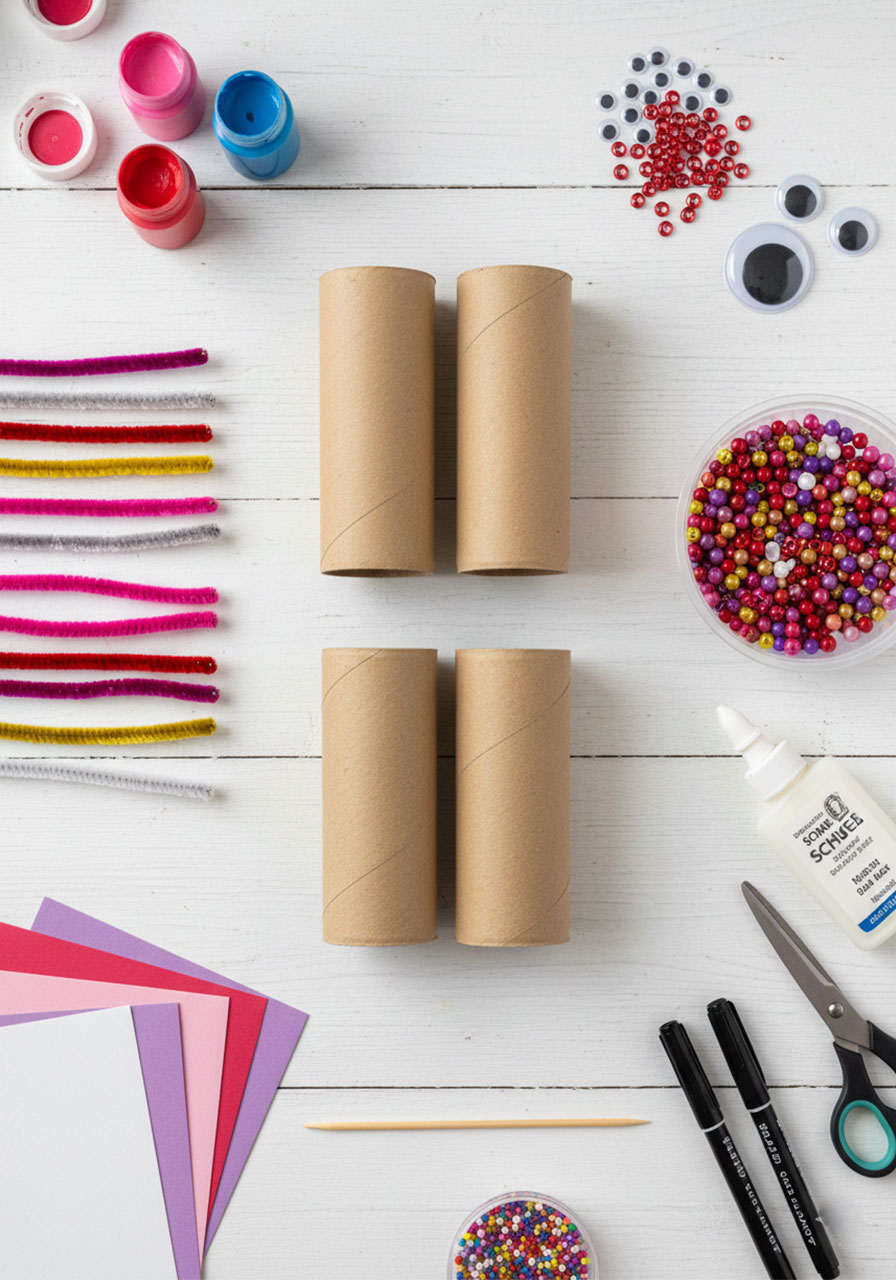 Flat lay of all materials needed for toilet roll love bug craft including toilet paper rolls, paint, googly eyes, pipe cleaners, beads, and construction paper
