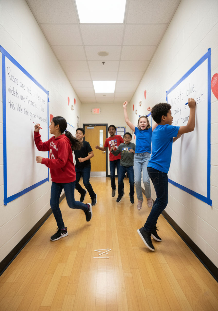 Two student teams racing to write love letter one word at a time in Valentine relay game