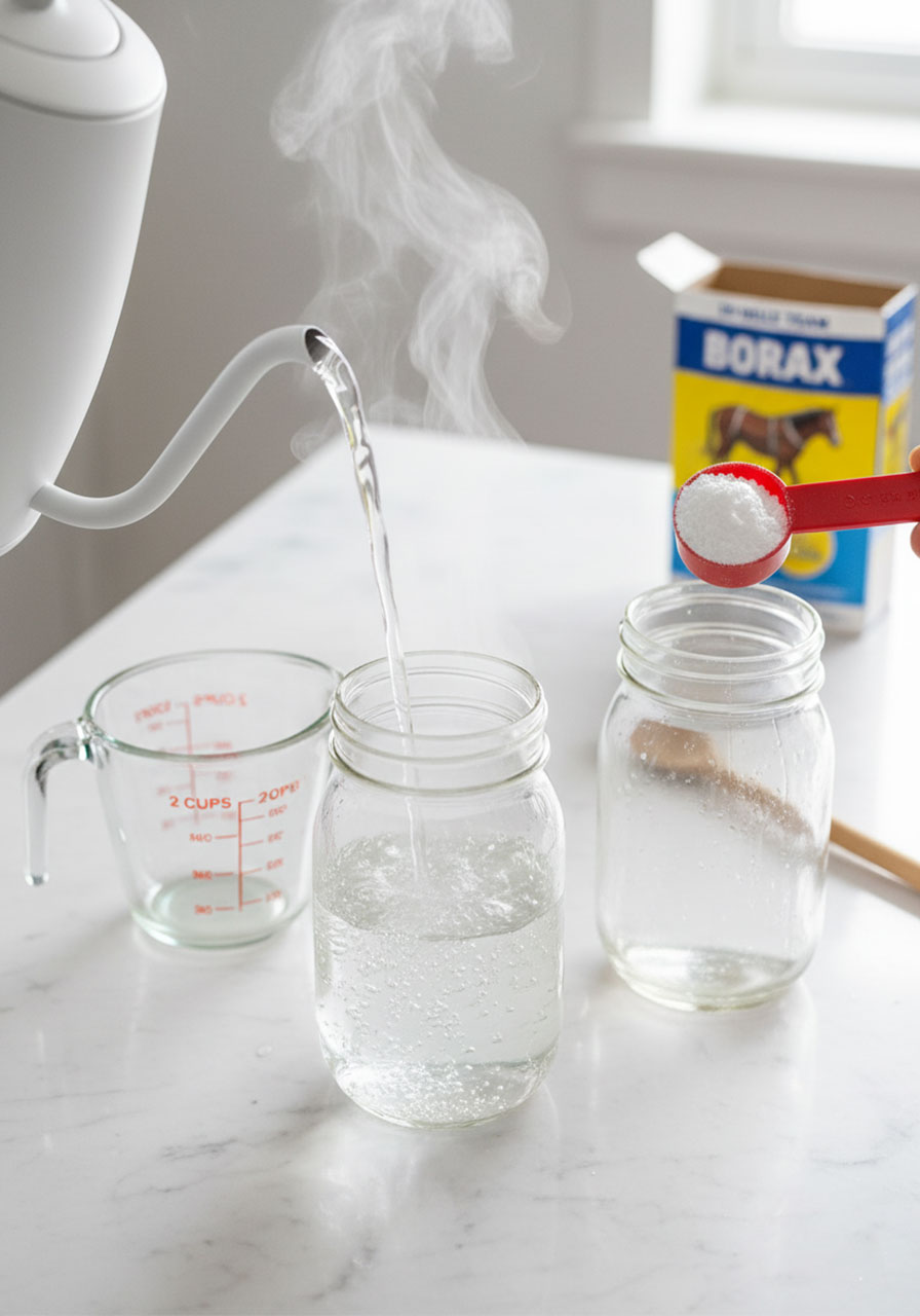 Pouring boiling water into mason jar with borax powder for Valentine's Day crystal growing science experiment