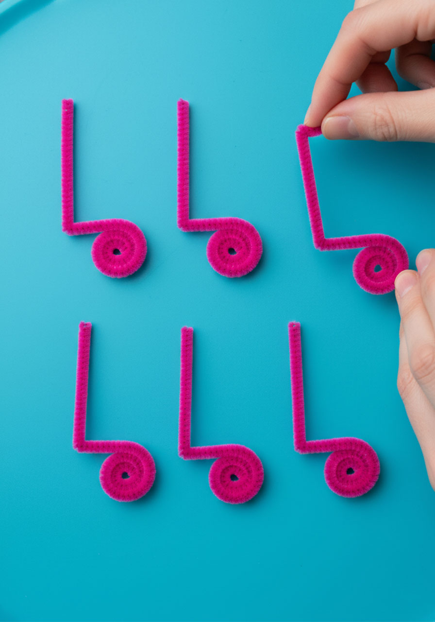 Six pipe cleaner pieces showing how to bend and spiral the ends to create cute feet for love bug craft legs