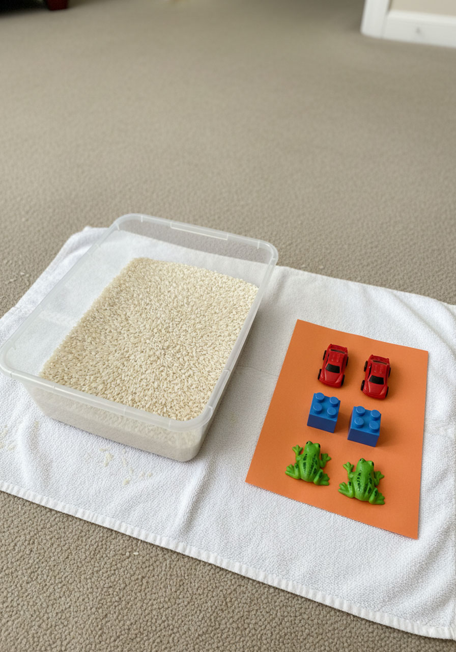 Sensory bin with white rice next to orange paper sorting area showing organized matched toy pairs for toddler matching activity