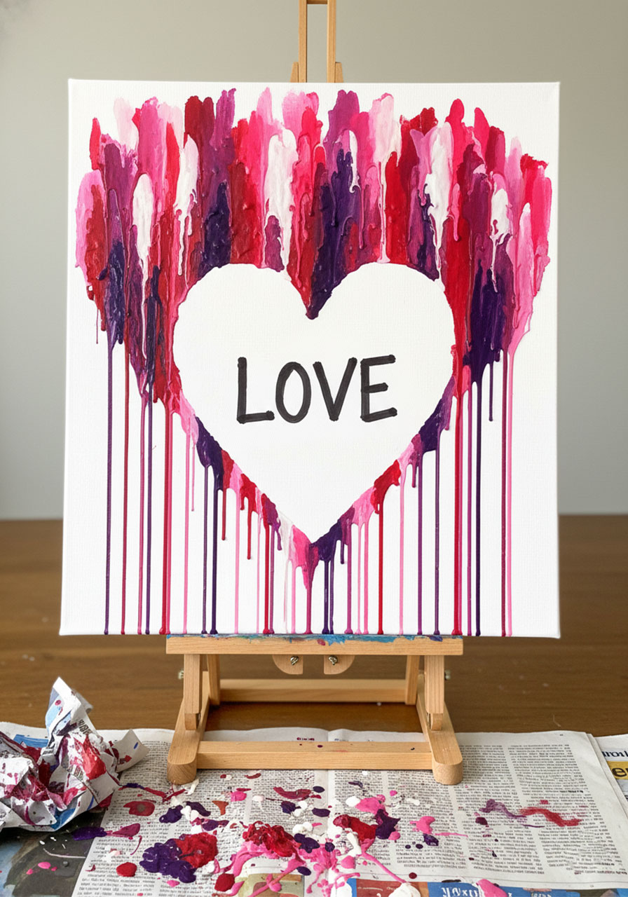 Abstract melted crayon heart canvas art with colorful pink, red and purple wax drips surrounding white heart
