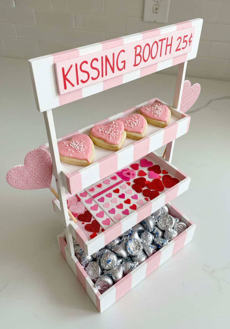 DIY mini kissing booth filled with Hershey's Kisses and treats as cute Valentine's Day gift for boyfriend