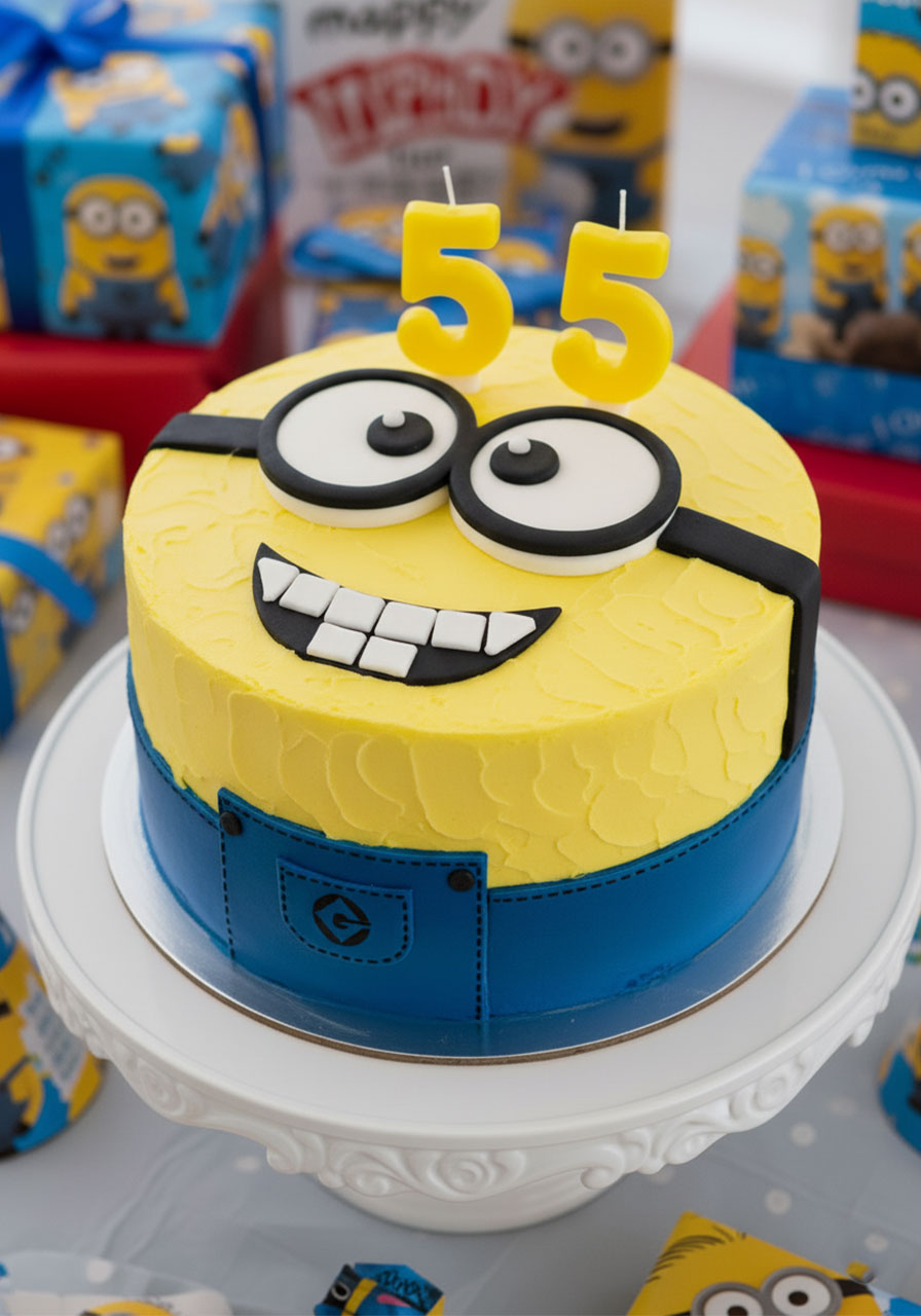 Adorable Minions birthday cake decorated as yellow Minion face with blue overalls and number candles