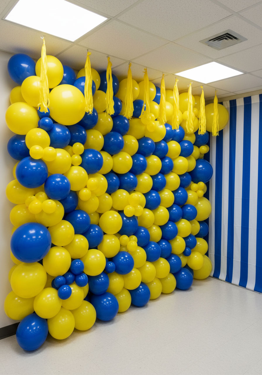 Stunning blue and yellow balloon wall decoration with streamer hair for Minions party photo backdrop