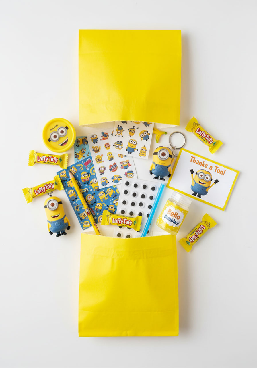 Complete Minions party favor bag contents showing stickers toys candy and themed gifts for kids