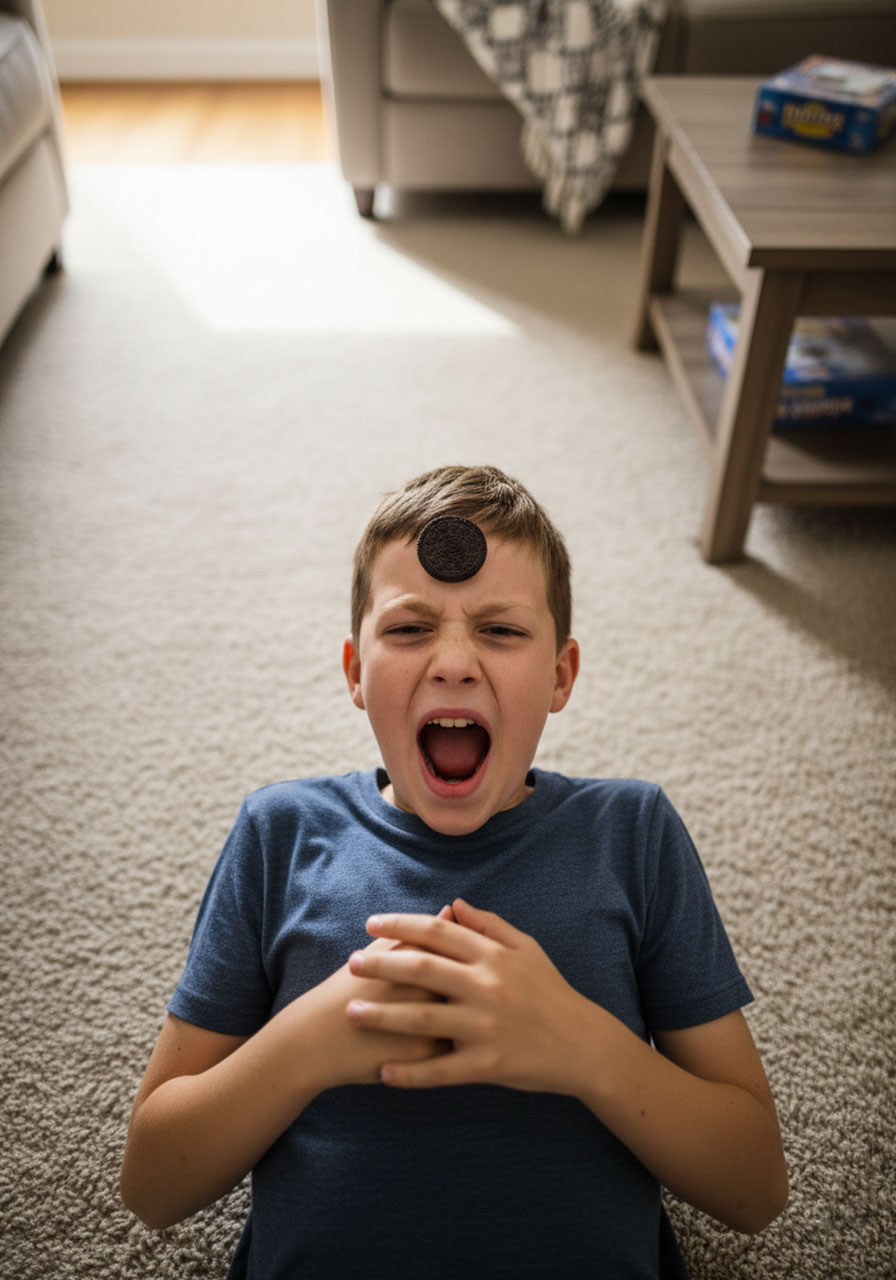 Boy playing the hilarious Cookie Face Minute to Win It game, using facial muscles to move an Oreo from forehead to mouth.