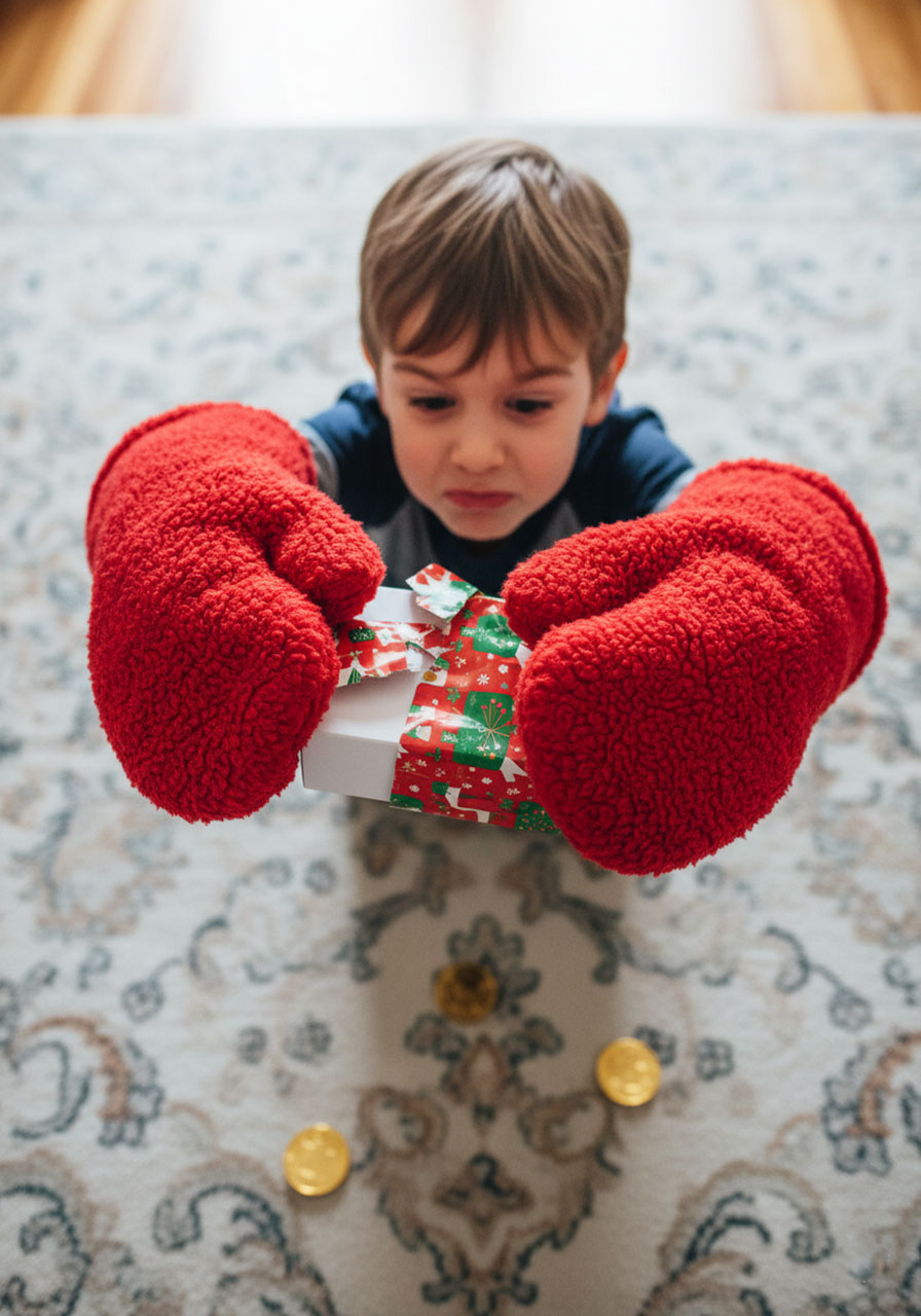Child wearing oversized oven mitts trying to unwrap a present in the tricky and funny Mitt Meltdown challenge.
