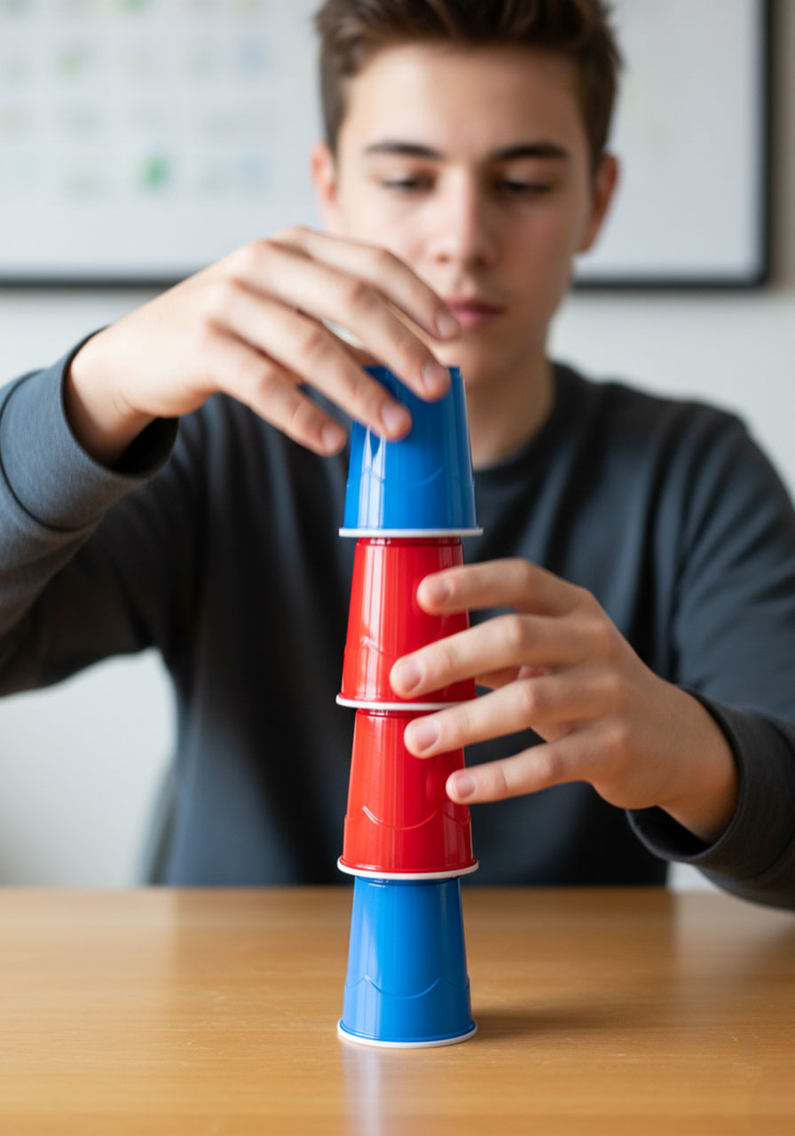 Composite image showing the rapid hand motion and cup rotation of the Movin' On Up dexterity challenge.