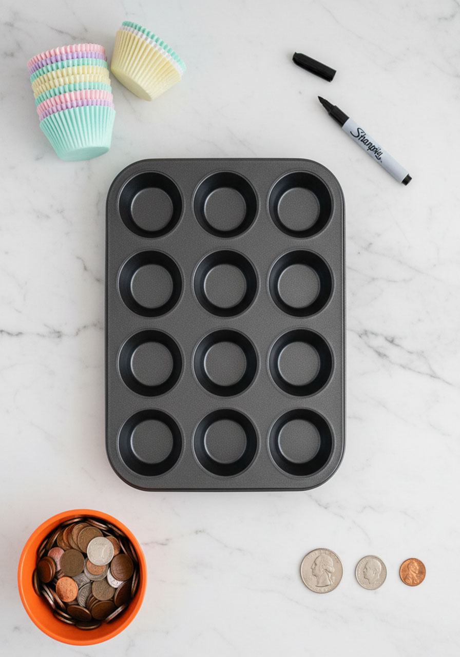 Flat lay of all materials needed for the muffin tin coin counting activity including muffin tin cupcake liners marker and assorted coins
