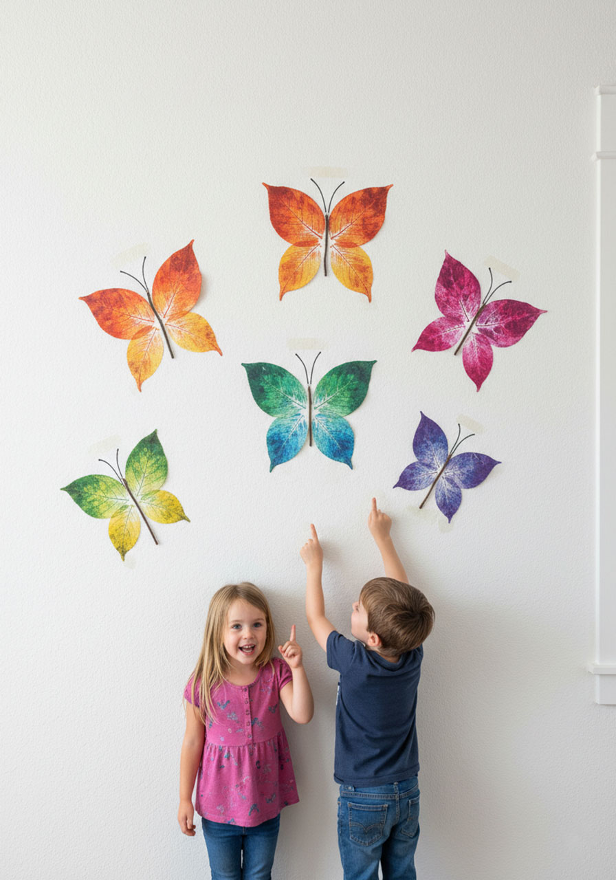 Collection of colorful leaf butterfly crafts displayed on wall showing various paint color options for kids