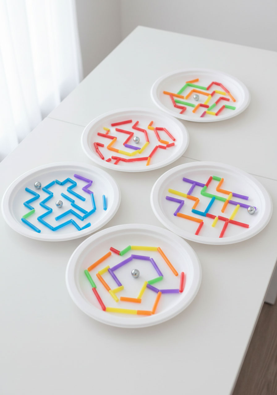 Collection of different paper plate maze STEM projects showing variety of creative designs and color schemes