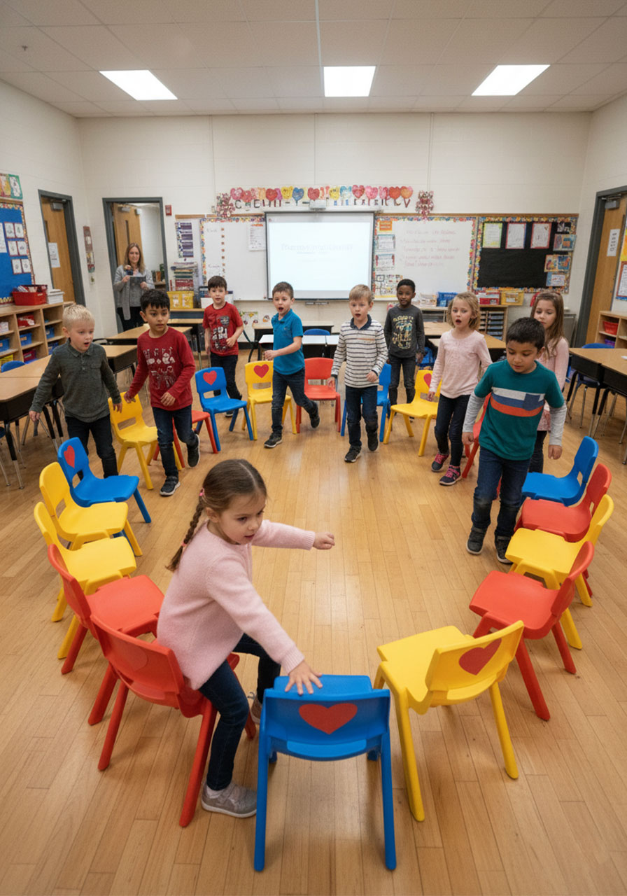 Children playing musical chairs at elementary Valentine's Day party with decorated chairs and kids circling - classic indoor party game