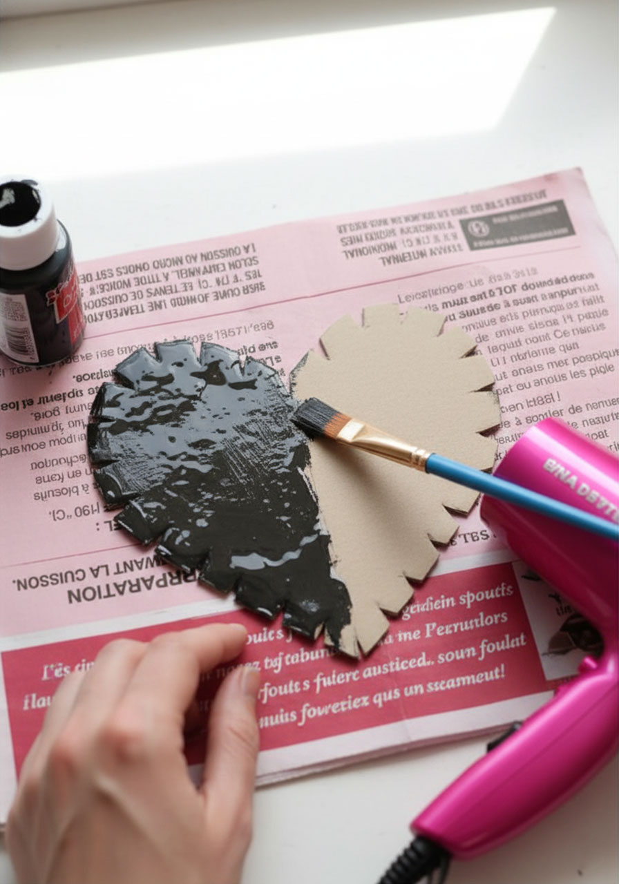 Hand painting a cardboard heart with black acrylic paint for DIY string art, with hairdryer nearby for quick drying