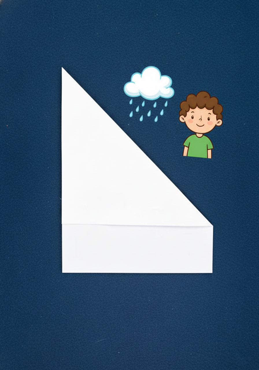 Hands folding top right corner of paper down to create first diagonal fold for paper claw