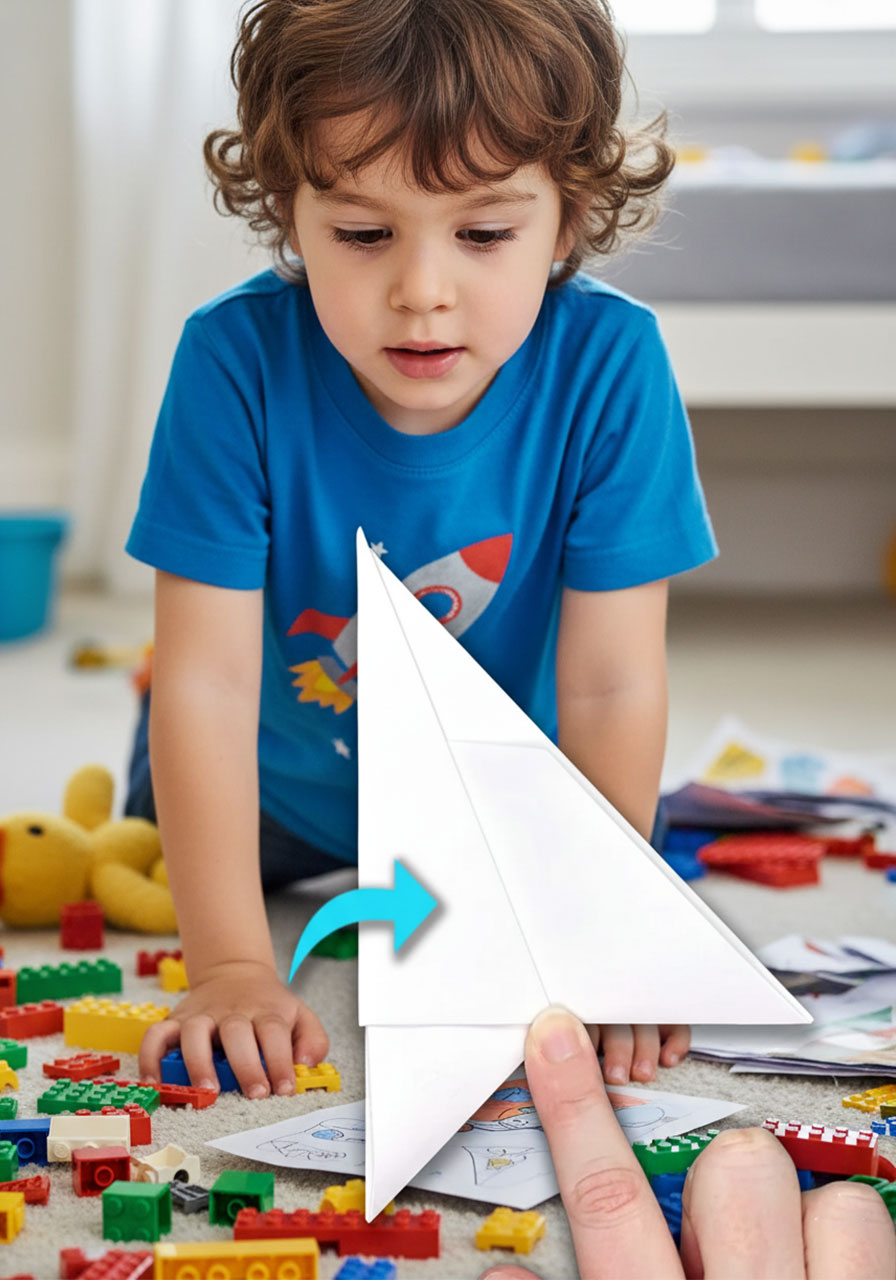 Second roll creating cone shape by folding paper along center line in claw tutorial