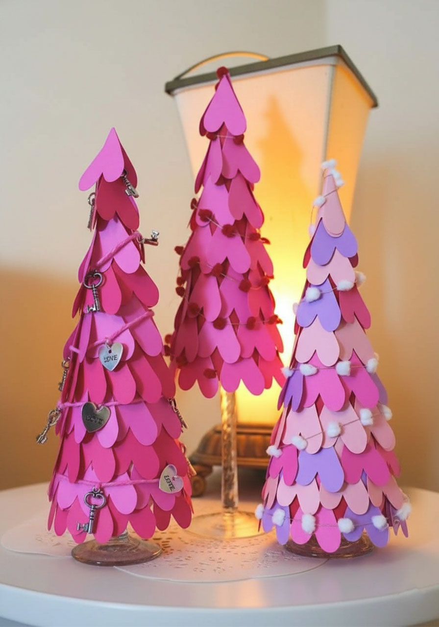 Three decorative Valentine's cone trees covered in layered pink, purple, and red paper hearts with hanging charms for romantic centerpiece craft