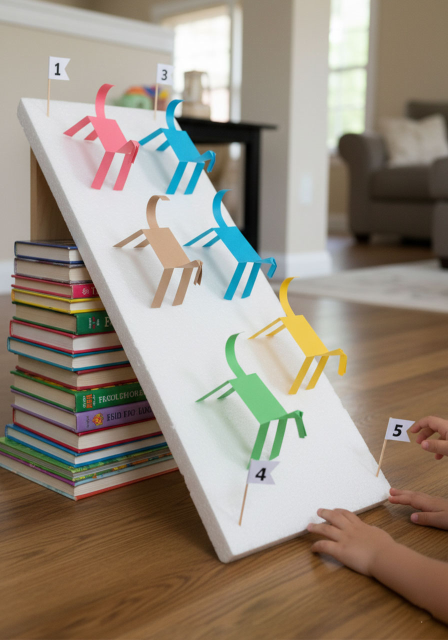 Five colorful walking paper horses racing down craft foam ramp showing paper horse derby competition STEM activity