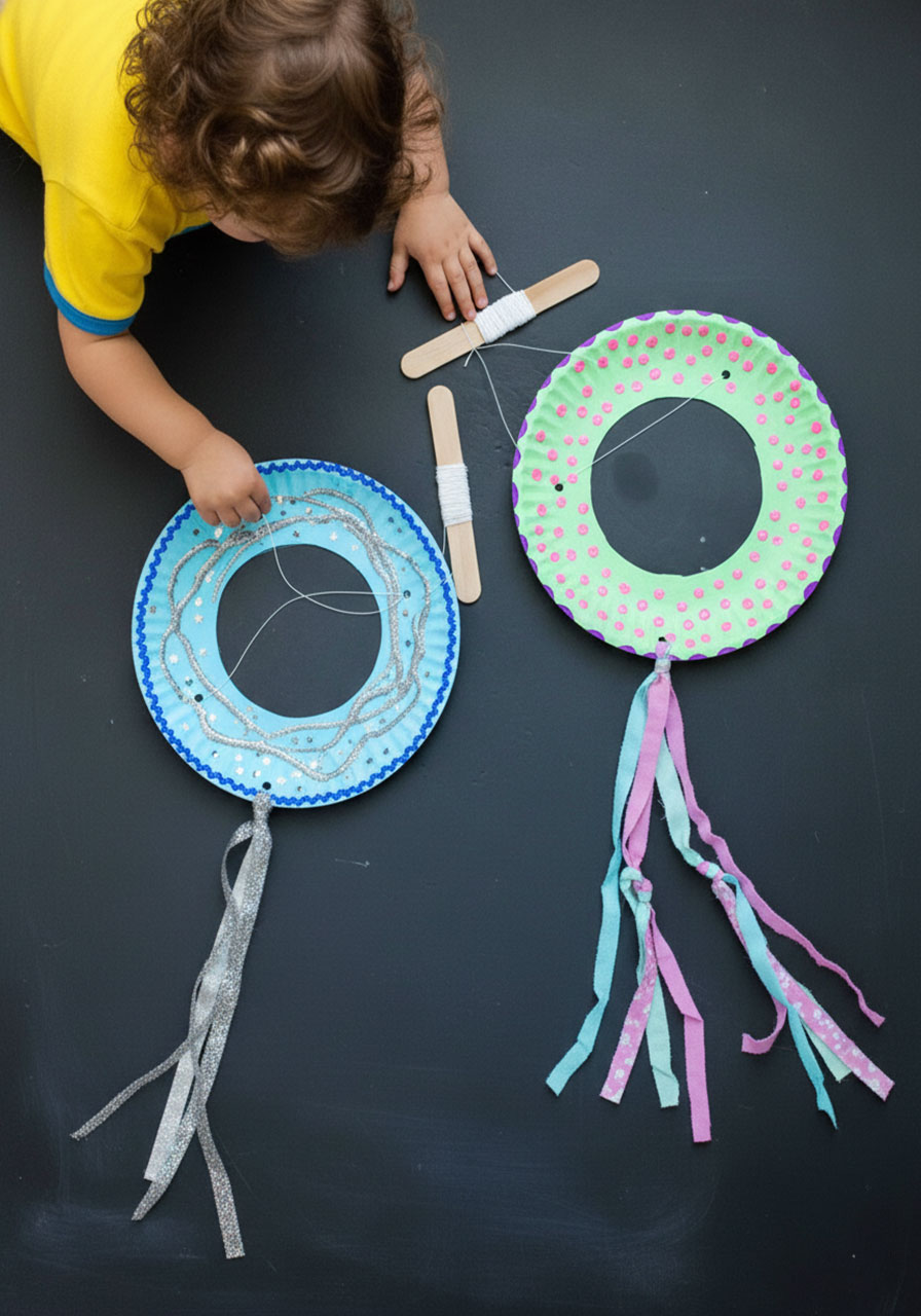 Two colorful completed paper plate kites with fabric tails and popsicle stick handles laid on dark surface showing finished DIY summer craft for kids