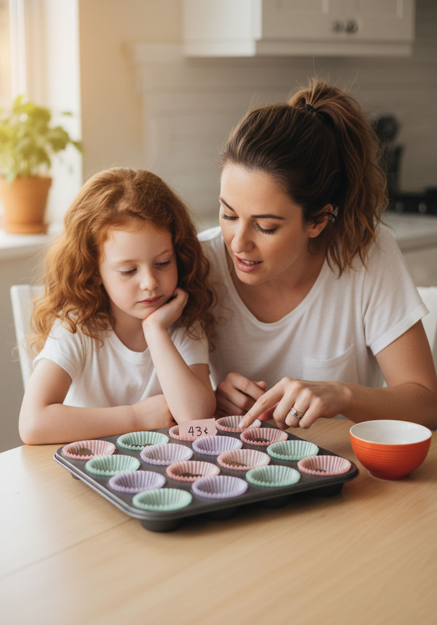 Mother and daughter reviewing completed muffin tin coin counting activity together, pointing at a cup to discuss the correct coin combination
