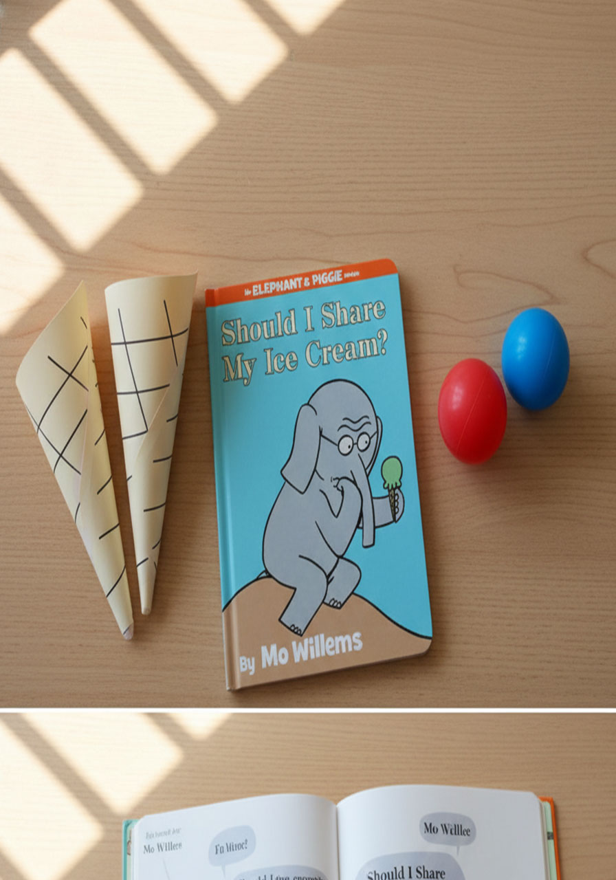 Should I Share My Ice Cream book by Mo Willems with handmade paper ice cream cones and colorful balls for preschool sharing activity