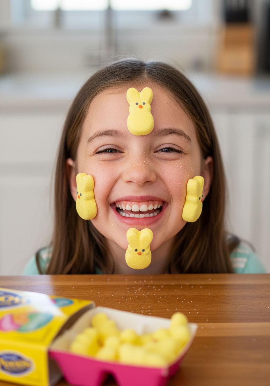 Close-up of a child's face covered in sticky Peeps marshmallows during a hilarious Minute to Win It game for kids.