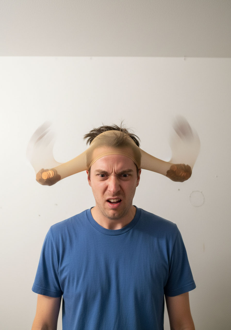 Man wearing pantyhose on his head, shaking it to dislodge pennies in the famously silly Penny Hose Minute to Win It game.