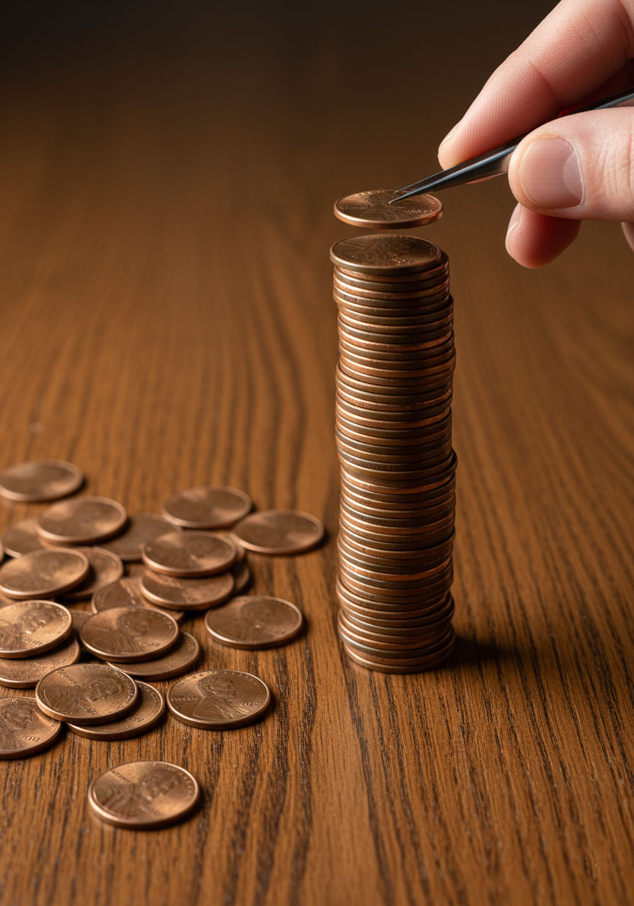Extreme close-up of a tall, precarious tower of pennies being carefully built with tweezers in the Penny Tower challenge.