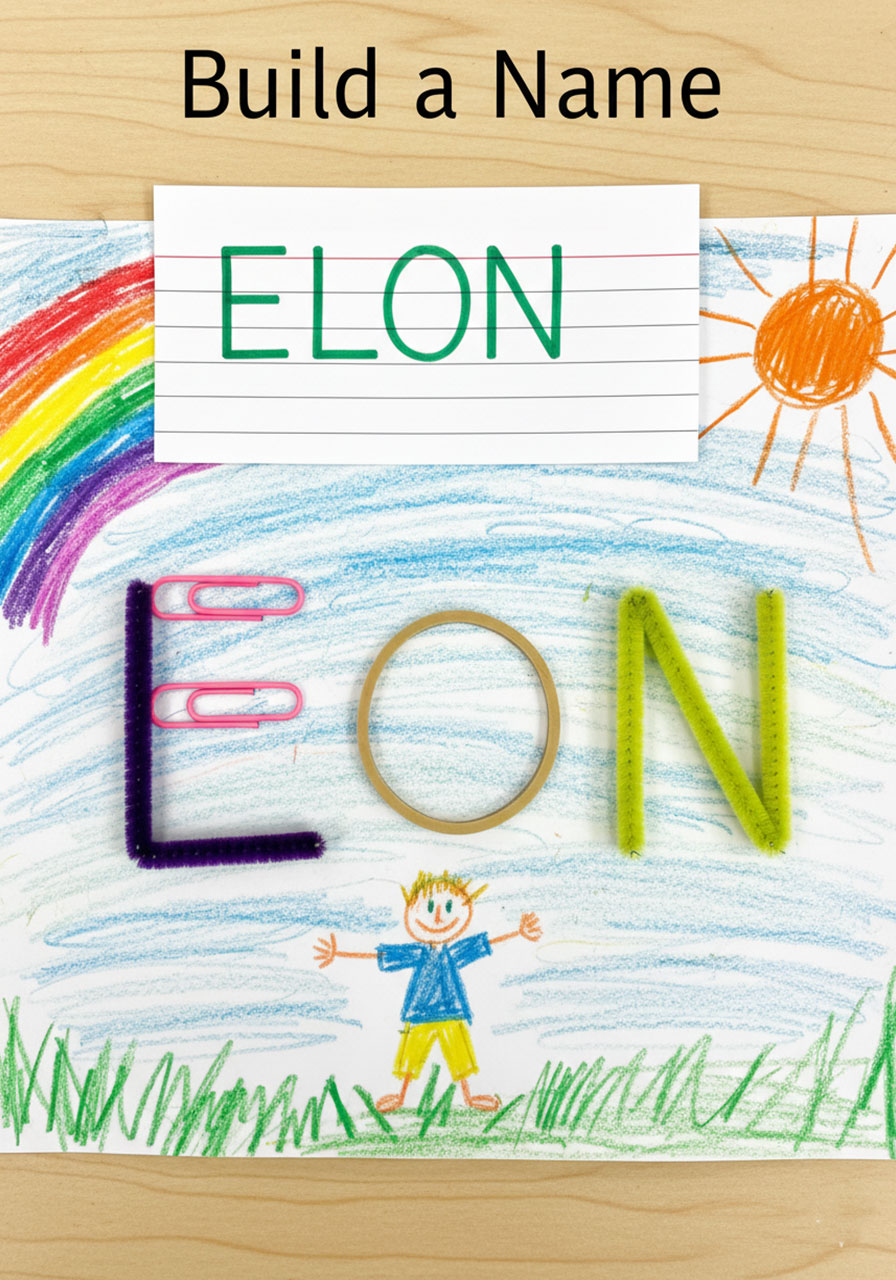 Decorated index card showing name Elon built with craft materials plus child's drawings of sun, rainbow and stick figure for early finisher extension