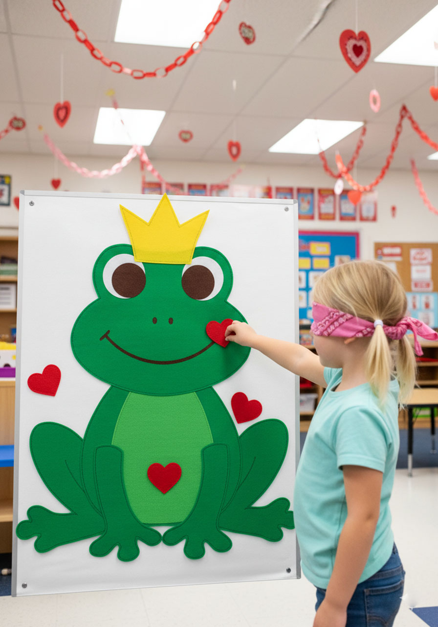 Preschool Valentine's party game pin the kiss on the frog prince with felt board