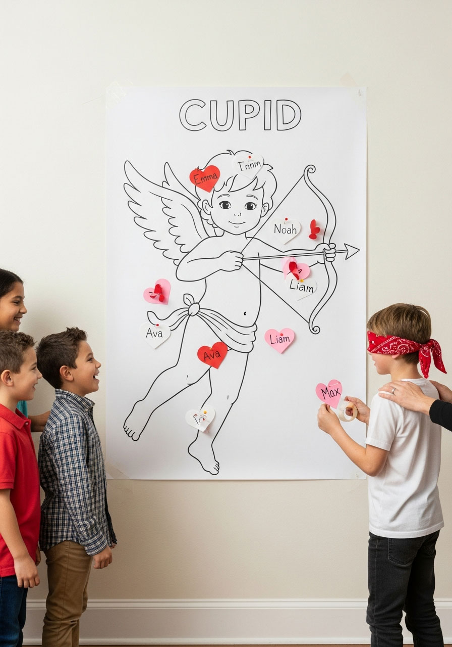 Blindfolded boy being guided toward Cupid poster to pin heart in Valentine party game