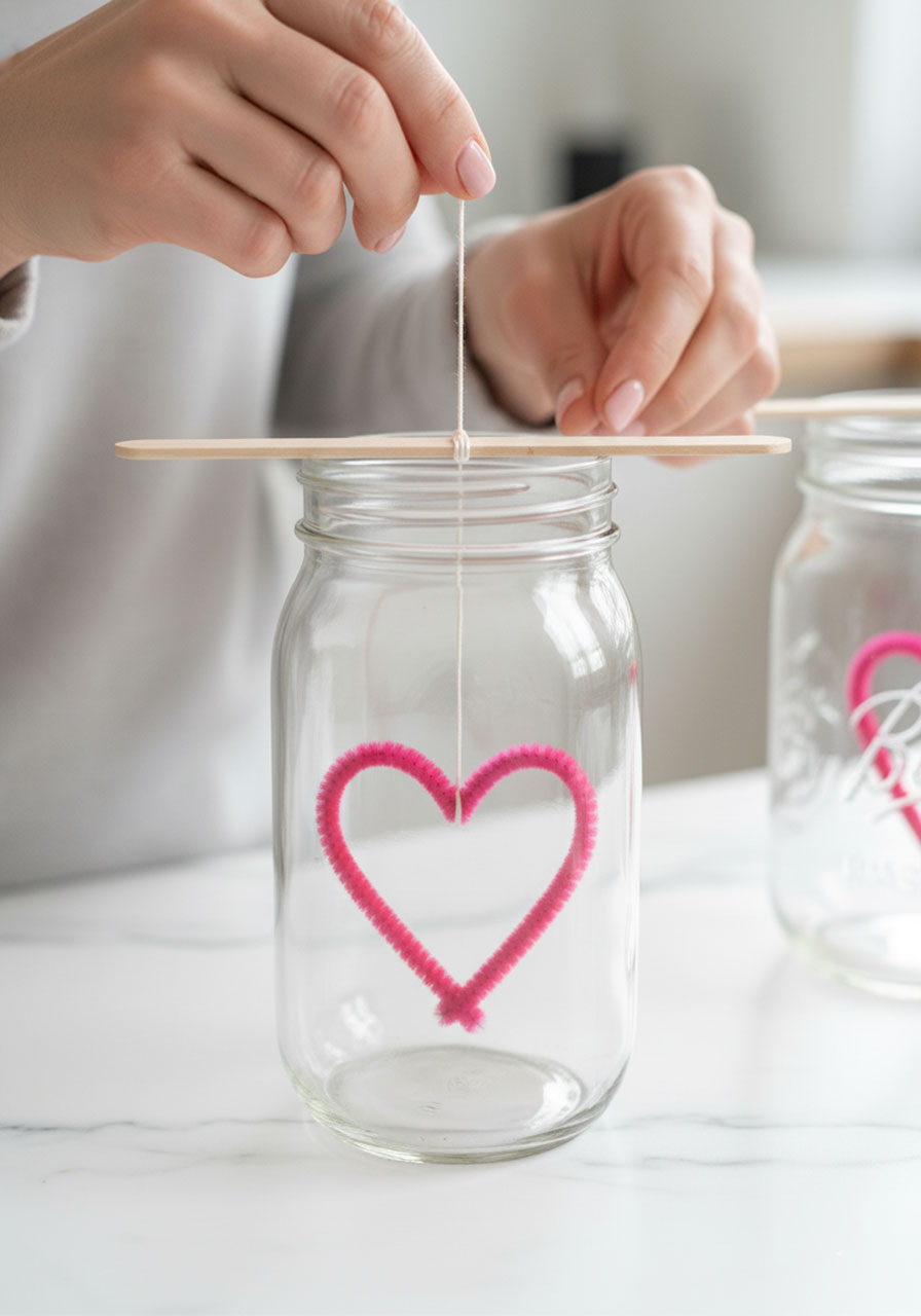 Pipe cleaner heart properly suspended in mason jar on string attached to popsicle stick showing correct positioning for crystal growing