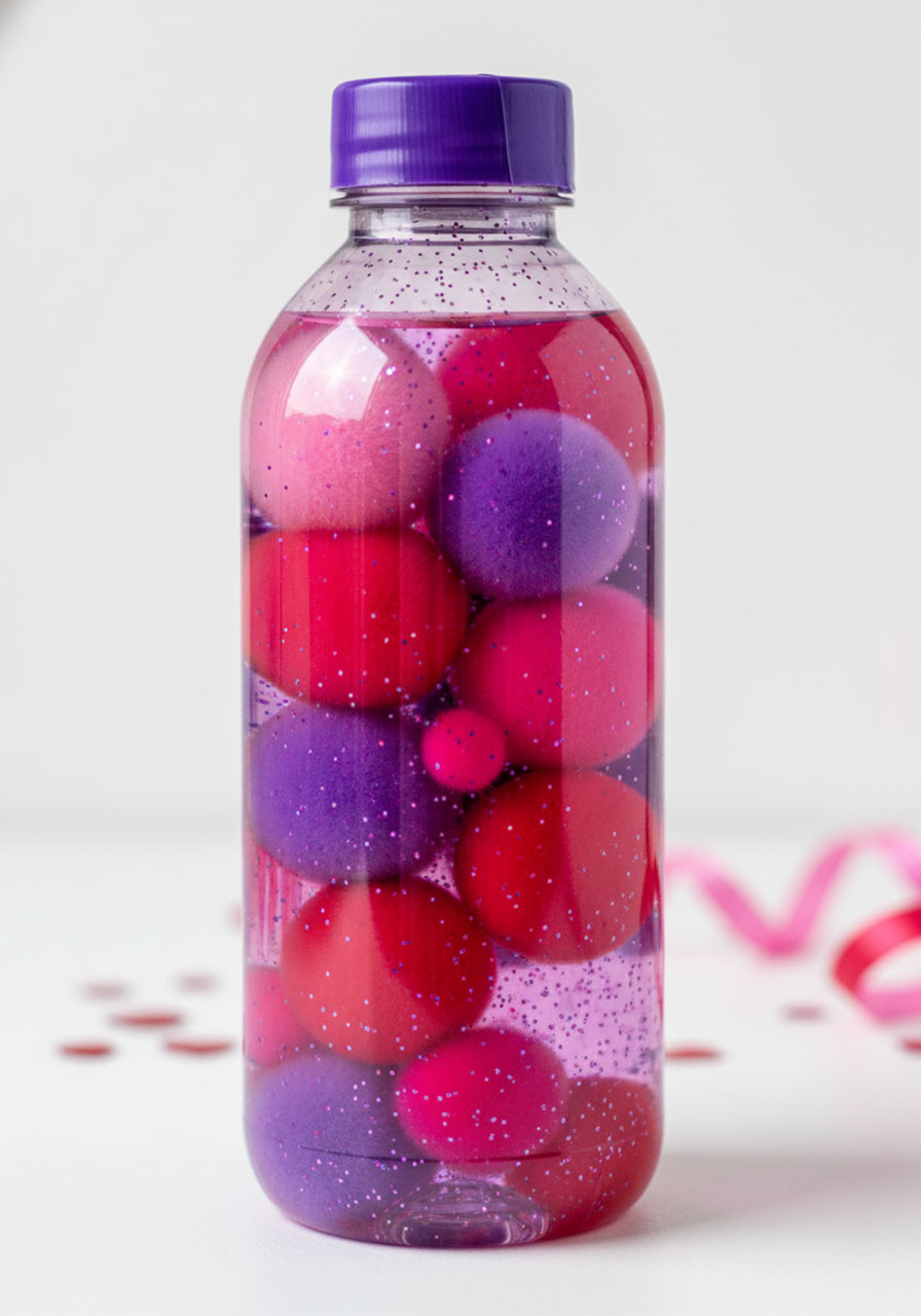 Purple Valentine's sensory bottle filled with colorful pom poms and glitter water for kids' sensory play