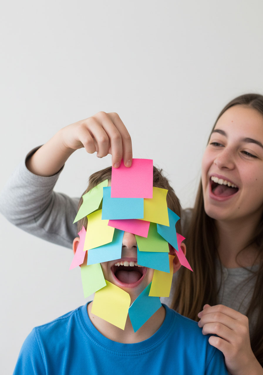 Siblings laughing, one with a face completely covered in colorful Post-It notes during the sticky Face-Off game.