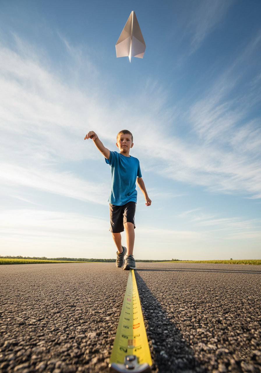 Boy throwing a paper airplane in a driveway, with a measuring tape showing distance, for the Precision Paper Planes game.