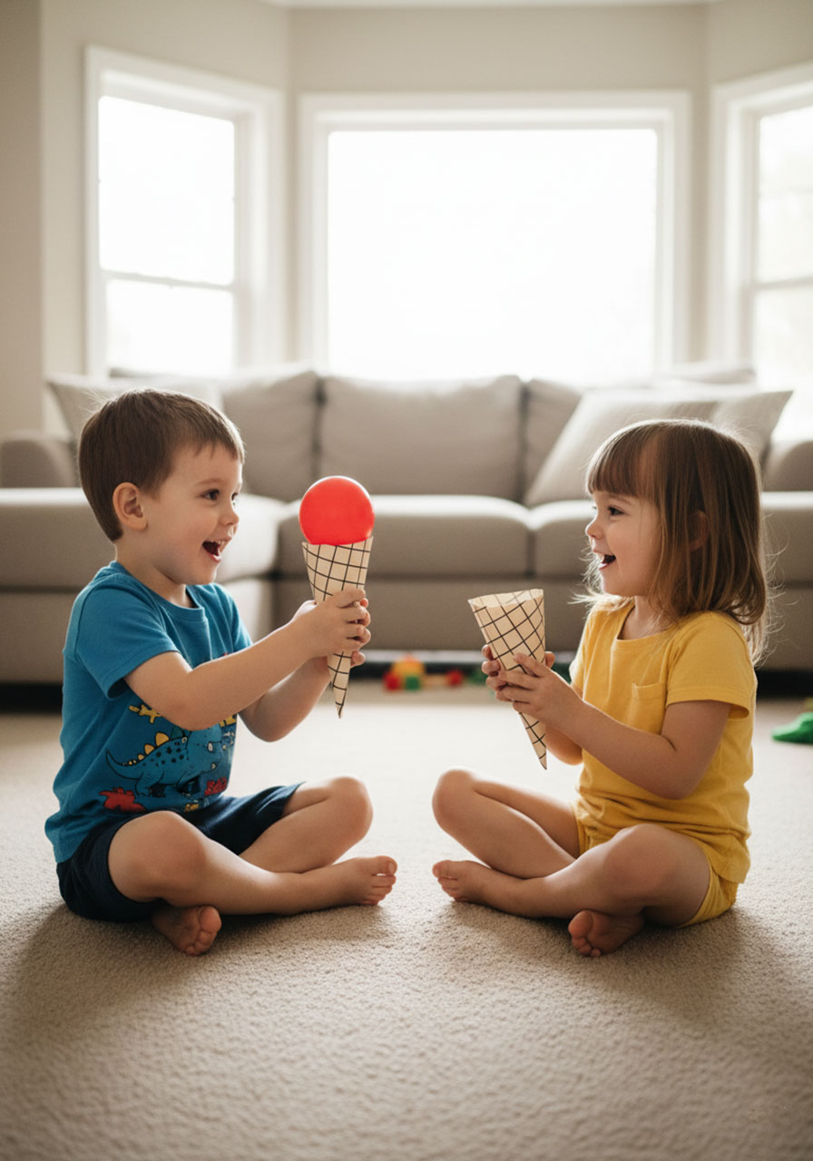 Two preschool children sitting on floor holding paper ice cream cones ready to practice sharing activity