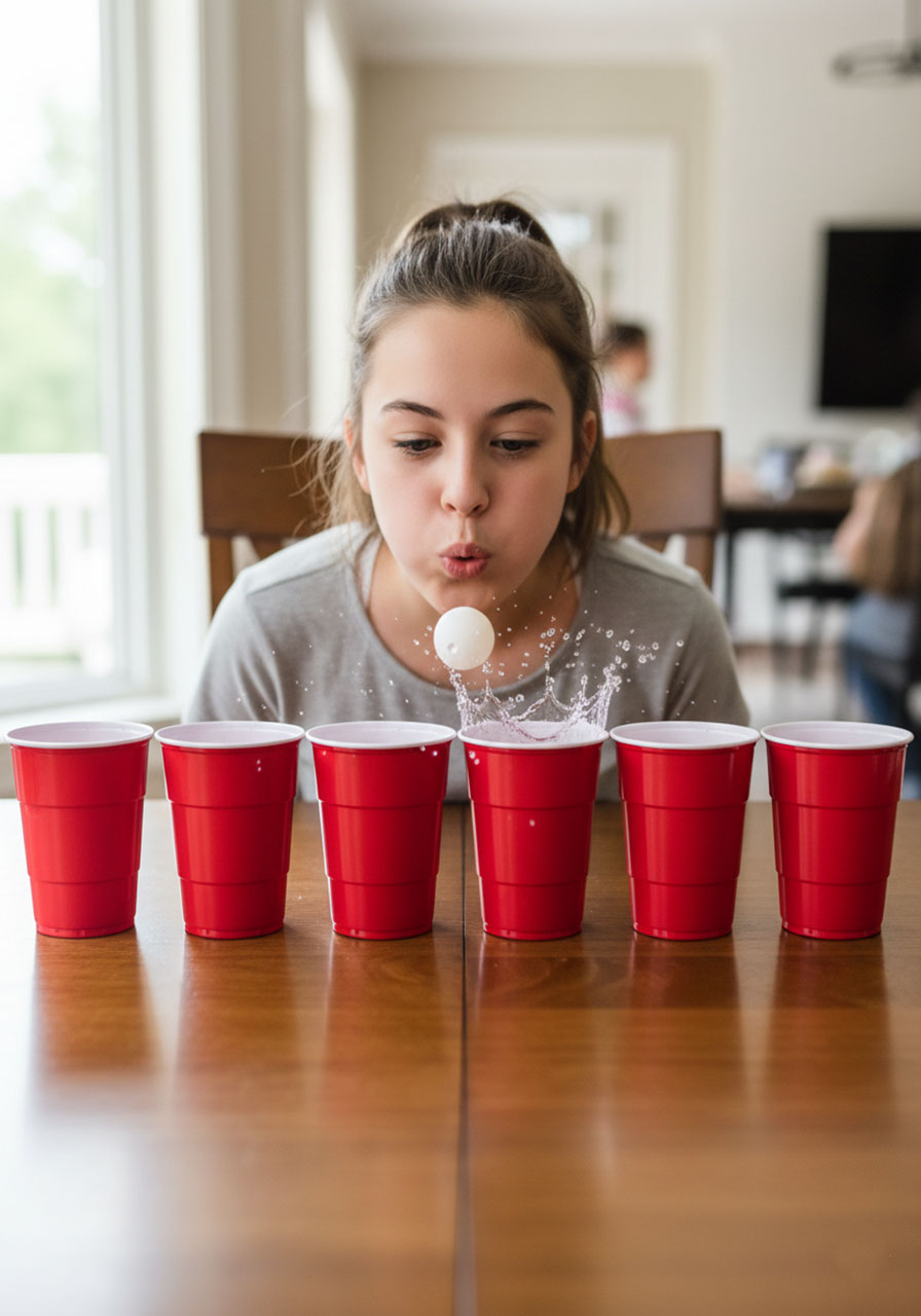 Teen girl playing Puddle Jumper, blowing a ping pong ball across a line of water-filled cups in a Minute to Win It challenge.
