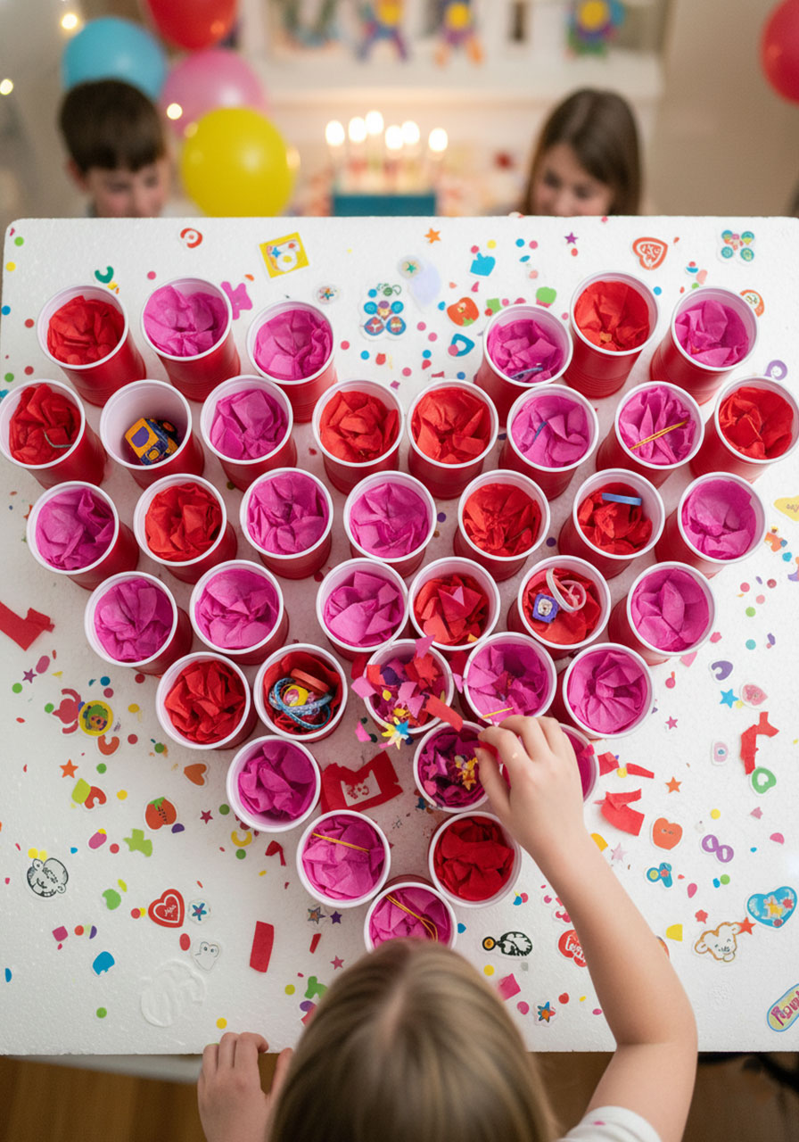 Kids playing punch a prize Valentine's Day party game with heart-shaped red cup arrangement covered in tissue paper