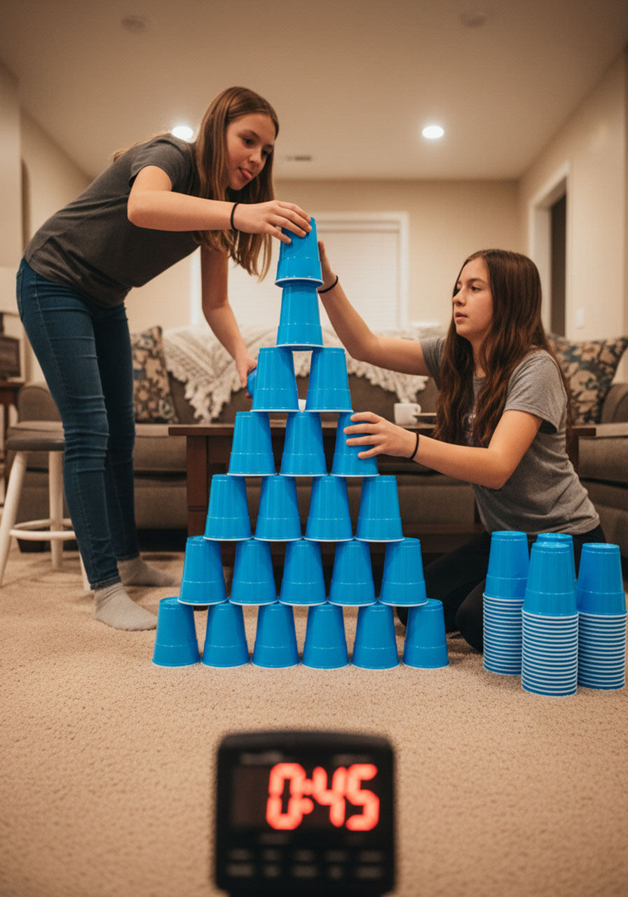 Two teens working together to build a pyramid of plastic cups against the clock in the team-based Pyramid Panic game.