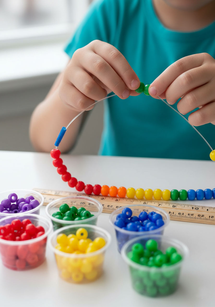 Rainbow bead necklace craft with colorful pony beads being threaded on elastic cord