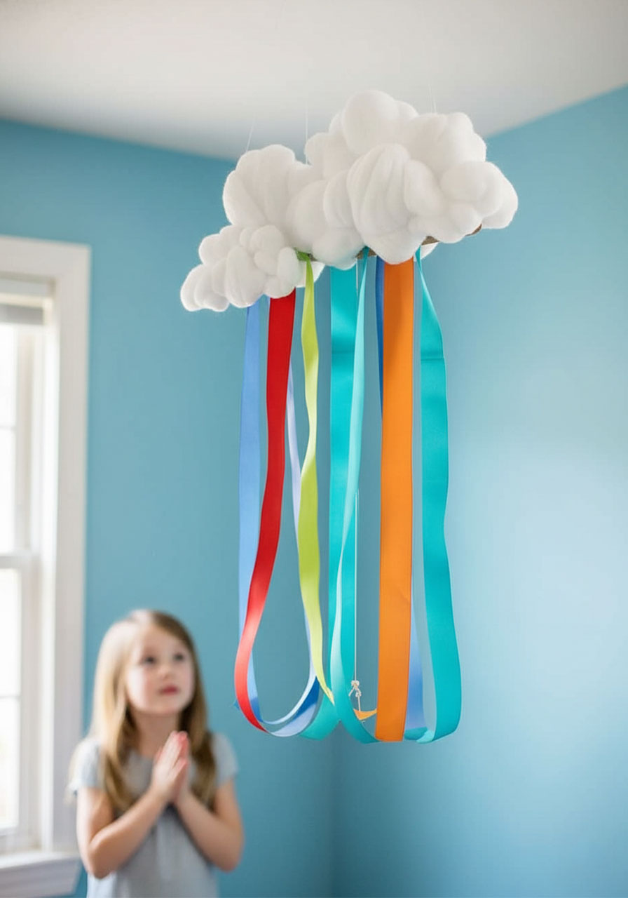 Rainbow cloud mobile with cotton ball cloud and colorful ribbons hanging for nursery decor