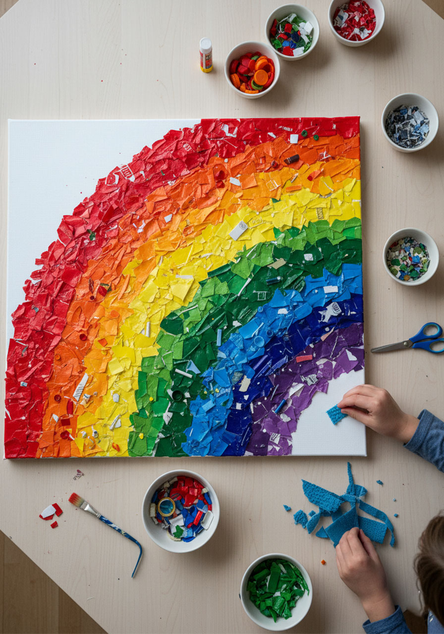 Rainbow collage with recycled materials creating eco-friendly colorful mixed media art