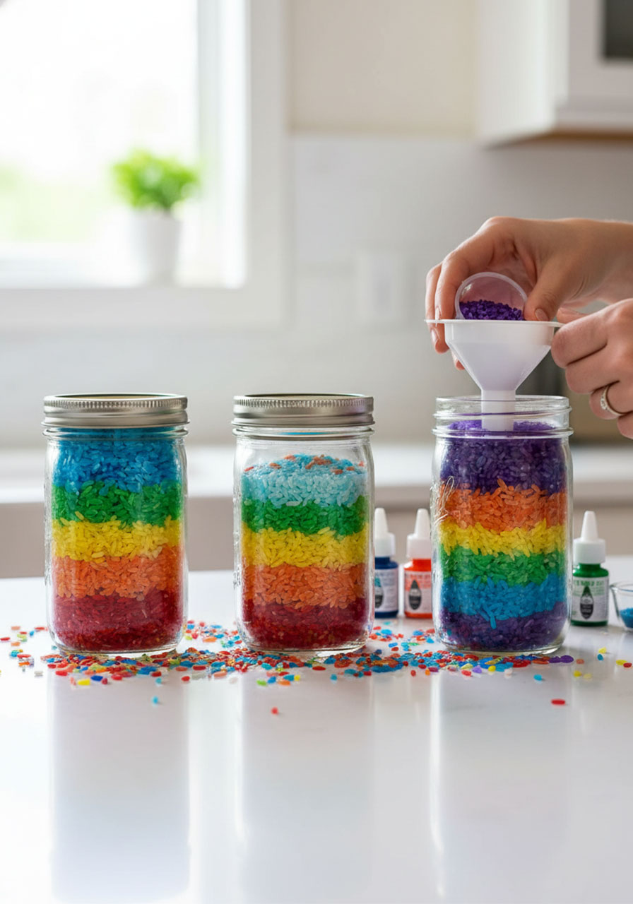 Rainbow colored rice jars with vibrant layered colors in clear mason jars for kids sensory craft