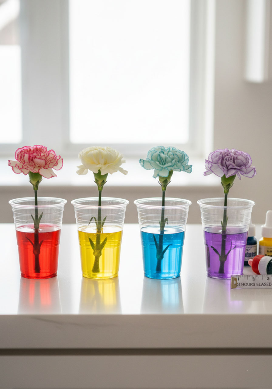 Rainbow dyed flowers science experiment with white carnations absorbing colored water