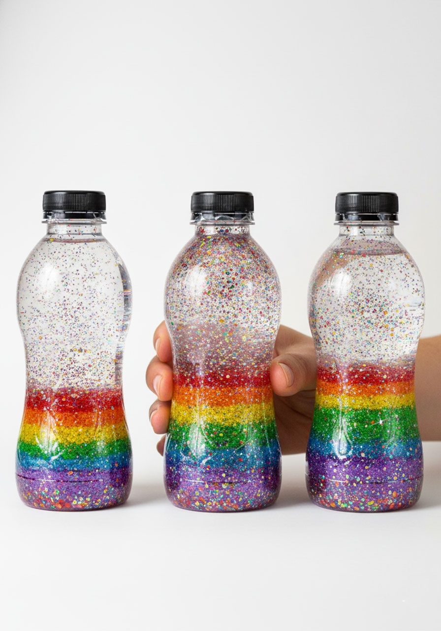 Rainbow glitter calm down jars showing settled and swirling glitter for sensory bottles