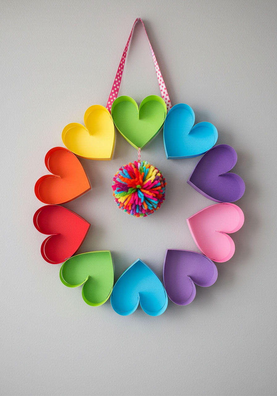 Cheerful rainbow colored paper heart wreath with colorful yarn pom pom center and ribbon hanger