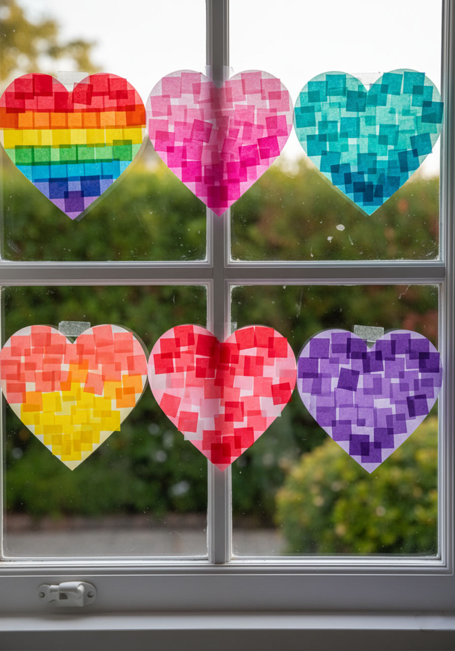 Six rainbow heart suncatchers in different color schemes including ombre, ocean, sunset, and Valentine's variations
