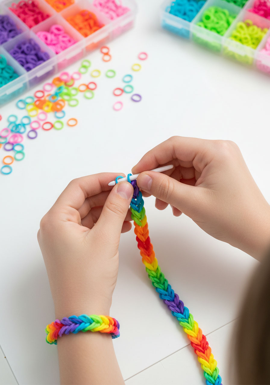 Rainbow loom bracelet with woven rubber bands in colorful pattern being created