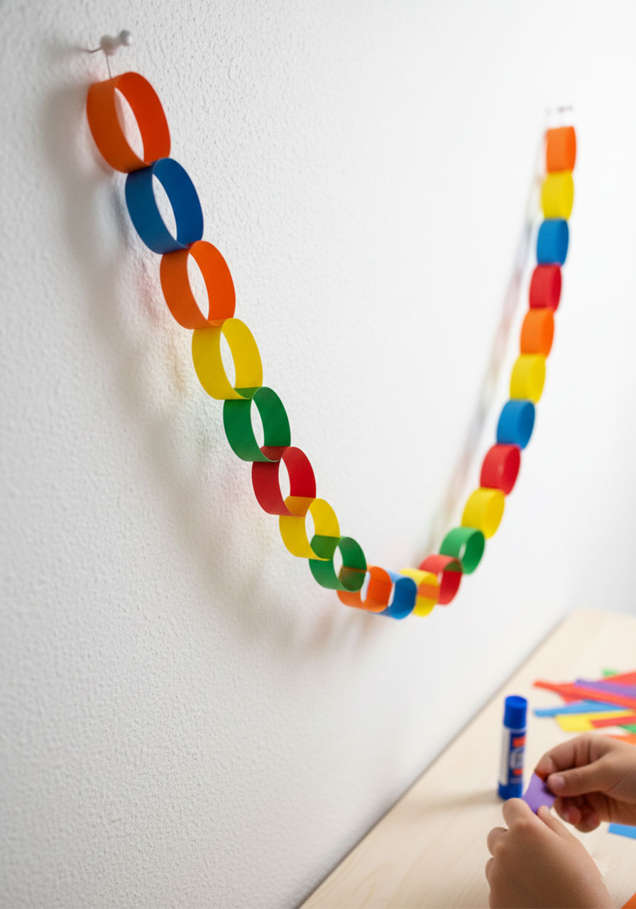 Rainbow paper chain garland with interlocking colorful loops for party decoration