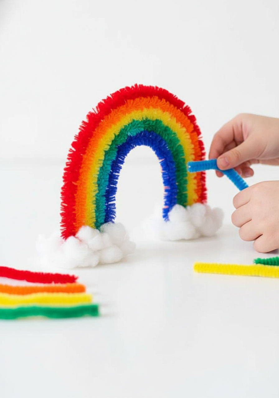 Rainbow pipe cleaner sculpture with bent colorful chenille stems forming standing arc